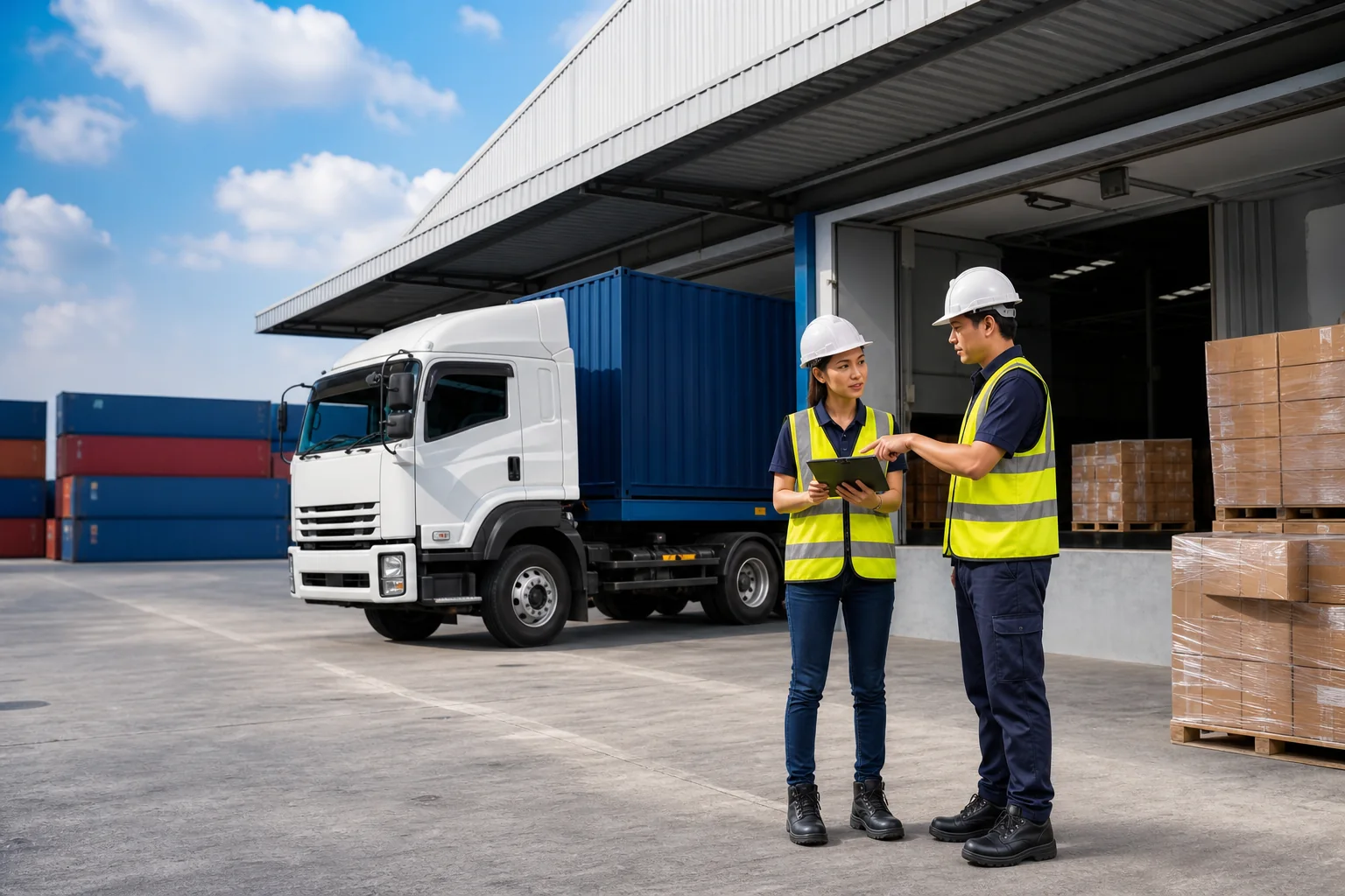 aus-service-cargo-logistics ศูนย์โลจิสติกส์ รถบรรทุก และเจ้าหน้าที่ขนส่ง